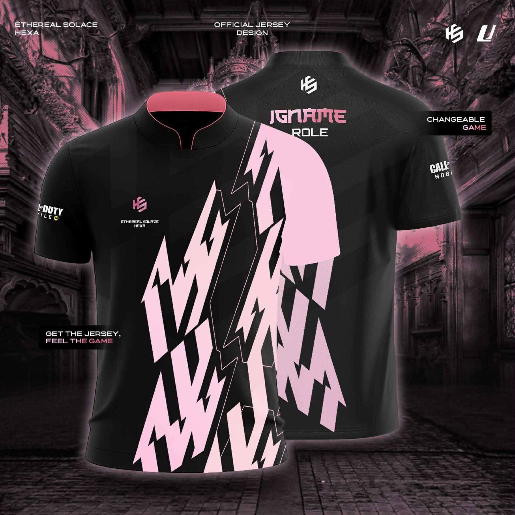 Official Ethereal Solace Hexa jersey, black with a pink lightning pattern, shown front and back with customizable IGN and role on the upper back